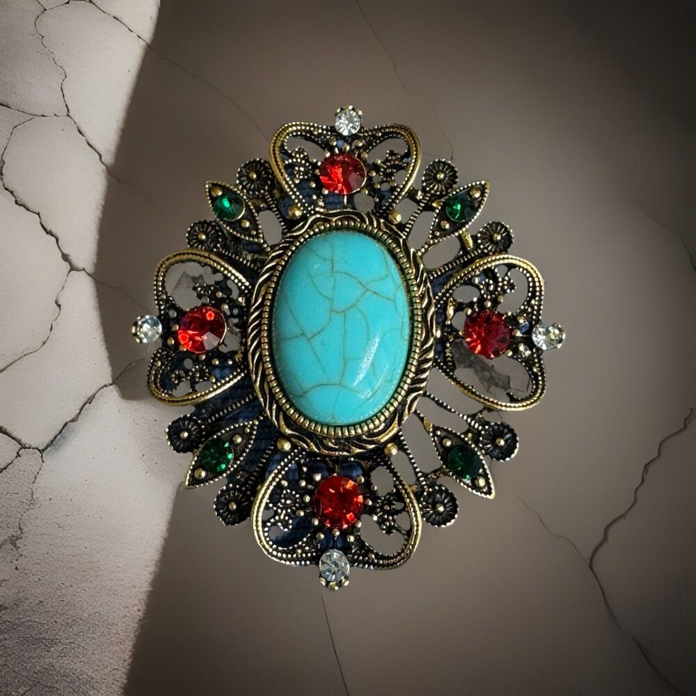 Ornate Filigree Brooch Turquoise Cabochon Rhinestone Antique Gold Tone Vintage